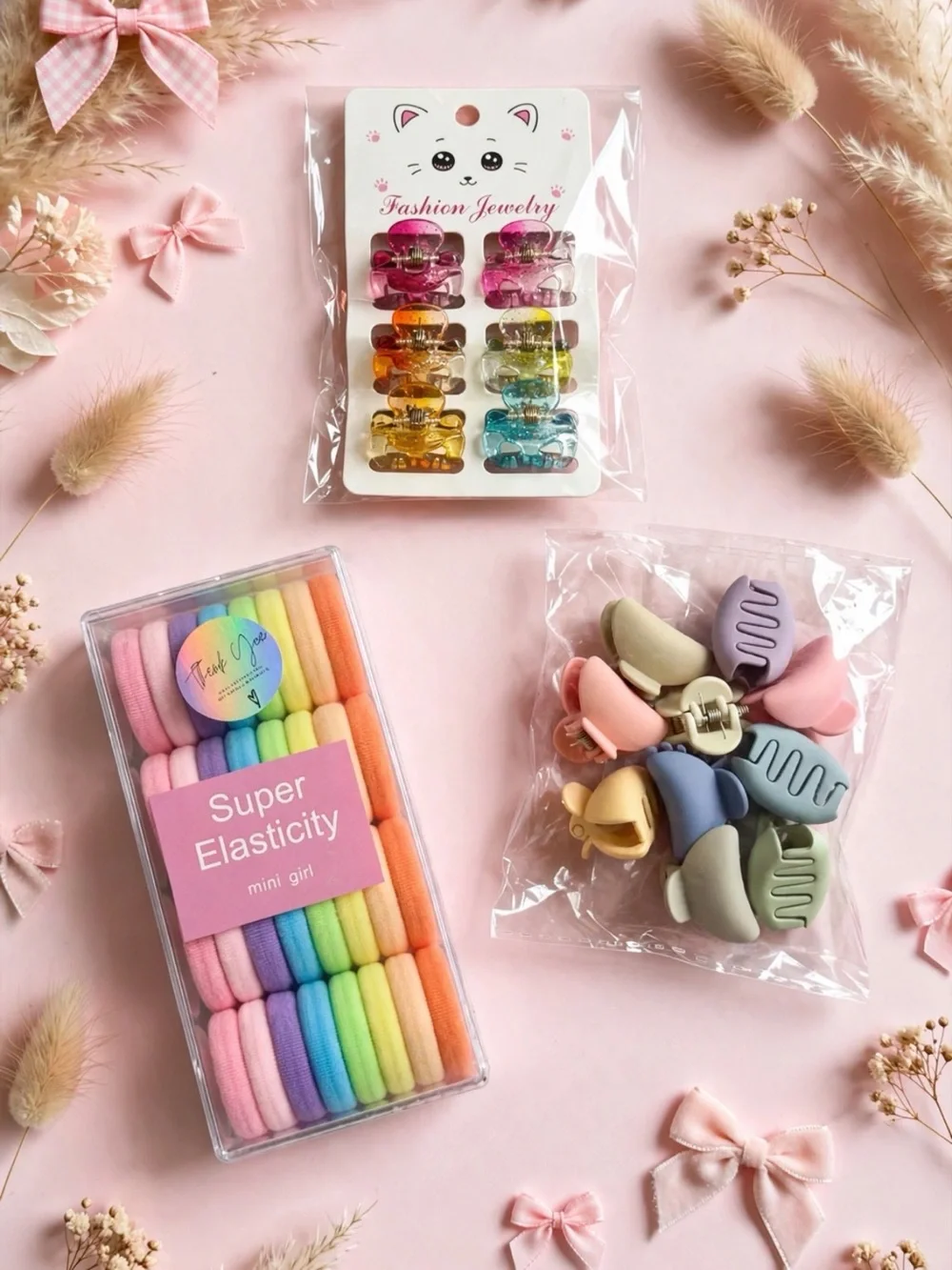 Colorful Hair Accessories Set - Pastel Elastics & Mini Clips
